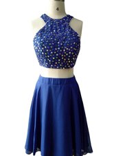 On Sale Scoop Sleeveless Zipper Womens Evening Dresses Blue Chiffon