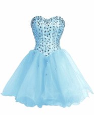 High Class Baby Blue Organza Lace Up Womens Party Dresses Sleeveless Mini Length Beading