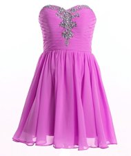 Modern Lilac A-line Sweetheart Sleeveless Organza Mini Length Lace Up Beading and Ruching Evening Dress