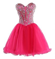 Hot Pink Lace Up Sweetheart Beading Prom Party Dress Organza Sleeveless