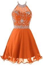 Fitting Halter Top Orange Sleeveless Beading Mini Length Homecoming Dress