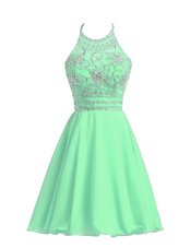 Halter Top Sleeveless Prom Party Dress Knee Length Beading Apple Green Chiffon