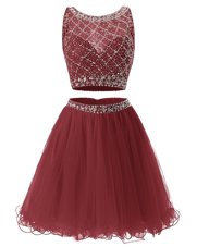 Burgundy Side Zipper Sweetheart Beading and Belt Prom Party Dress Organza Sleeveless