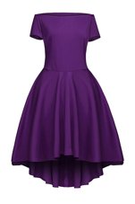 Stylish Purple A-line Satin Bateau Short Sleeves Ruching Tea Length Side Zipper Prom Dresses