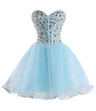 Baby Blue Ball Gowns Sweetheart Sleeveless Organza Mini Length Lace Up Beading Casual Dresses