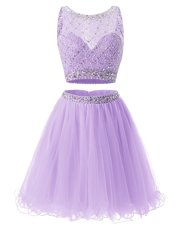 Elegant Beading and Belt Prom Dresses Lavender Side Zipper Sleeveless Mini Length