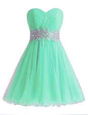 Suitable Apple Green Sleeveless Knee Length Beading and Ruching Lace Up Prom Gown