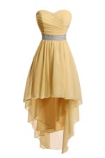 Vintage Gold Empire Belt Dress for Prom Lace Up Organza Sleeveless High Low