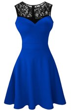 Royal Blue A-line Satin Scoop Sleeveless Lace Tea Length Zipper Prom Dress