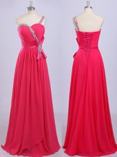 Latest Hot Pink Empire Chiffon One Shoulder Sleeveless Beading and Belt Floor Length Zipper