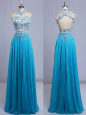 Backless Floor Length Baby Blue Prom Dresses Chiffon Cap Sleeves Beading and Lace