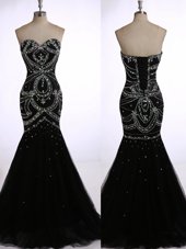 Delicate Black Mermaid Beading Prom Gown Zipper Tulle Sleeveless