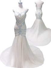 Smart Mermaid Straps Straps Sleeveless With Train Beading Zipper Prom Party Dress with White Court Train