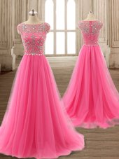 Scoop Cap Sleeves Brush Train Beading Zipper Prom Dresses