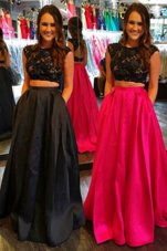 Pretty Scoop Cap Sleeves Satin Floor Length Backless Prom Evening Gown in Black for with Lace and Ruching