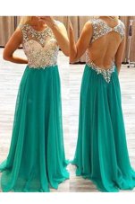 Flare Green Chiffon Backless Scoop Sleeveless Floor Length Homecoming Dress Beading