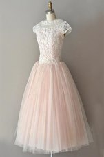 Artistic Tulle Bateau Cap Sleeves Zipper Lace Prom Evening Gown in Pink