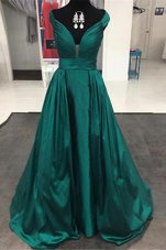 Off the Shoulder Teal Zipper Evening Dress Pleated Sleeveless Sweep Train