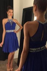 Modest Scoop Sleeveless Custom Made Mini Length Beading Royal Blue Chiffon