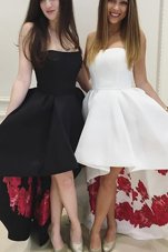 Fitting High Low Black Prom Dresses Satin and Printed Sleeveless Pattern