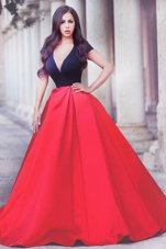 Red And Black V-neck Neckline Beading Prom Evening Gown Short Sleeves Zipper