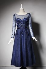 Scoop Tea Length Zipper Prom Party Dress Navy Blue and In for Prom with Beading and Hand Made Flower