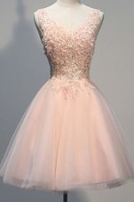 Fine Peach Sleeveless Appliques Knee Length Dress for Prom