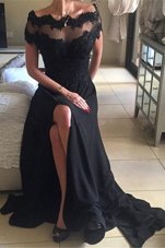 Cheap Off The Shoulder Short Sleeves Sweep Train Backless Prom Evening Gown Black Chiffon