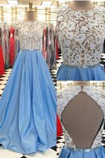 Customized Satin Scoop Cap Sleeves Sweep Train Backless Beading and Lace Evening Dress in Blue