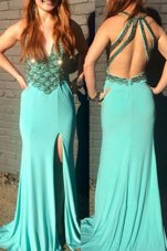 Chiffon V-neck Sleeveless Sweep Train Backless Beading Prom Dress in Turquoise