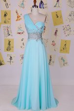 High End Aqua Blue One Shoulder Side Zipper Beading Prom Party Dress Brush Train Sleeveless