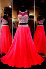 Scoop Red A-line Beading Evening Dress Backless Chiffon Sleeveless With Train