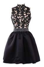 Custom Design High-neck Sleeveless Prom Party Dress Knee Length Beading and Appliques Black Satin