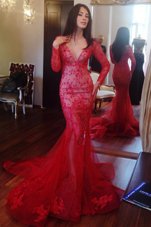 Pretty Mermaid Tulle V-neck Long Sleeves Sweep Train Zipper Beading and Lace Prom Dresses in Red