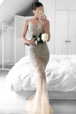 Mermaid Tulle V-neck Sleeveless Sweep Train Zipper Beading and Lace Going Out Dresses in Champagne