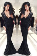 Mermaid Lace Floor Length Black Prom Party Dress V-neck Long Sleeves Zipper