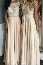 Glorious Champagne Bateau Neckline Beading Prom Evening Gown Cap Sleeves Side Zipper