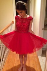 Stunning Bateau Cap Sleeves Cocktail Dresses Knee Length Beading Red Tulle