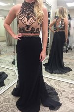 Sleeveless Brush Train Backless Appliques and Belt Prom Evening Gown