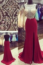 Custom Designed Burgundy Evening Dress Bateau Sleeveless Brush Train Backless