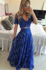 Custom Designed Royal Blue Prom and Party and For with Lace and Appliques V-neck Short Sleeves Sweep Train Zipper