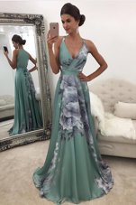 Printed With Train Empire Sleeveless Green Evening Dress Sweep Train Zipper