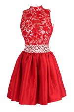 Fantastic Sleeveless Knee Length Beading and Lace Criss Cross Prom Gown with Red