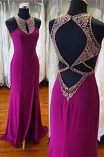 Ideal Scoop Fuchsia Sleeveless Sweep Train Beading Prom Party Dress