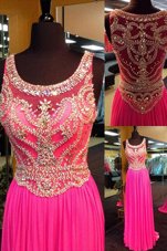 Scoop Sleeveless Elastic Woven Satin With Brush Train Side Zipper Prom Gown in Hot Pink for with Beading