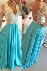 Baby Blue A-line Lace Going Out Dresses Backless Chiffon Long Sleeves Floor Length