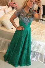 Lace Green Scoop Zipper Beading Homecoming Dress Short Sleeves