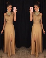 Scoop Floor Length A-line Sleeveless Gold Prom Gown Zipper