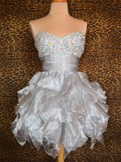 Grey Organza Lace Up Sweetheart Sleeveless Mini Length Prom Dresses Beading and Ruffles