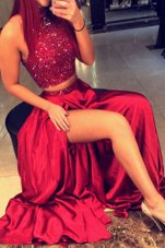 Red A-line Halter Top Sleeveless Satin Floor Length Backless Beading Prom Dresses